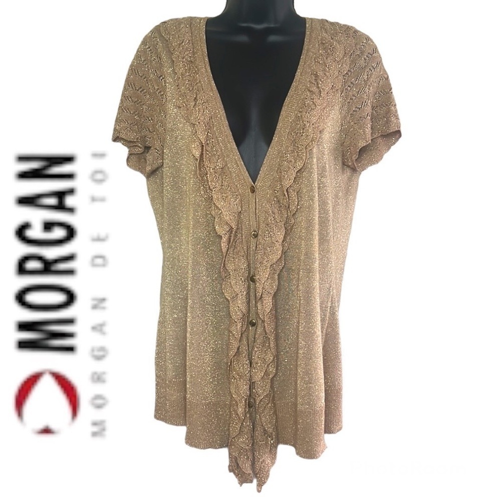 Morgan Light Shimmery Tan Front Ruffle Button Down Sweater Cardigan